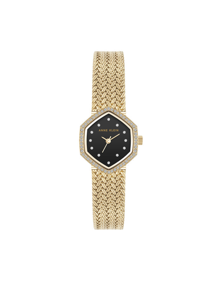 Anne Klein Gold-Tone/Black Crystal Accented Mesh Bracelet Watch