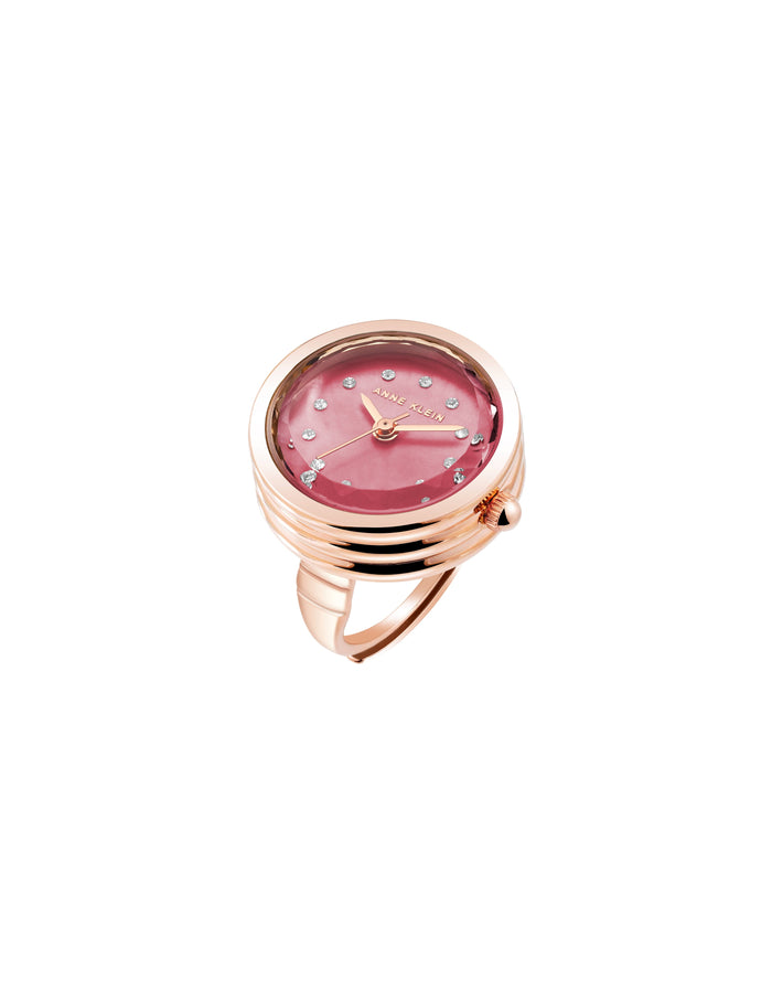 Anne Klein Rose Gold-Tone/Magenta Crystal Accented Ring Watch
