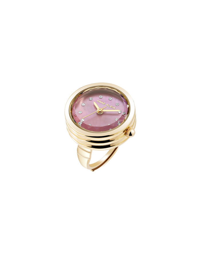 Anne Klein Gold-Tone/Purple Crystal Accented Ring Watch