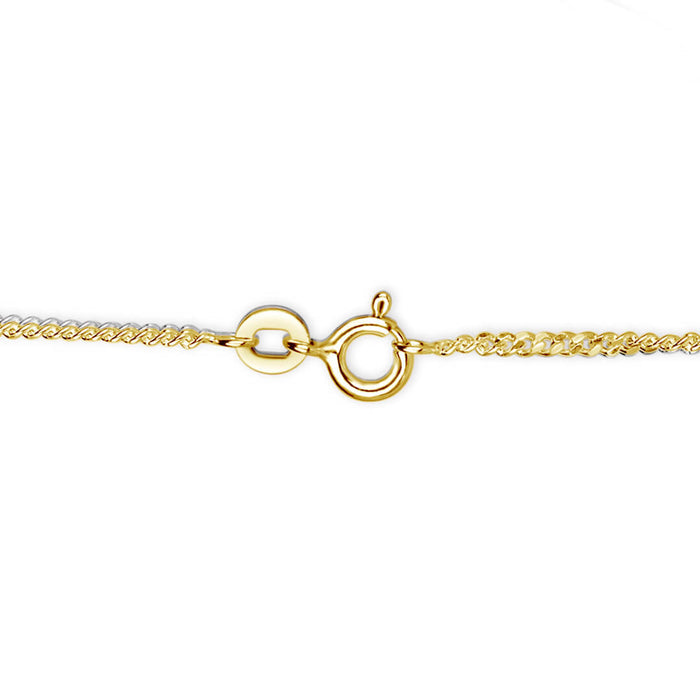 Close-up of 18 carat gold vermeil curb chain necklace with secure spring ring clasp and extension link on white background.