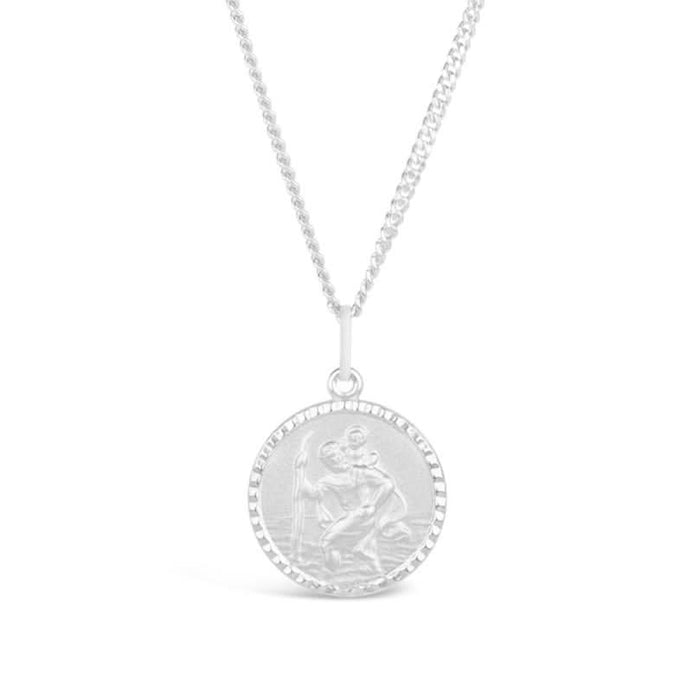 Dainty round sterling silver St Christopher necklace on a curb chain, front view