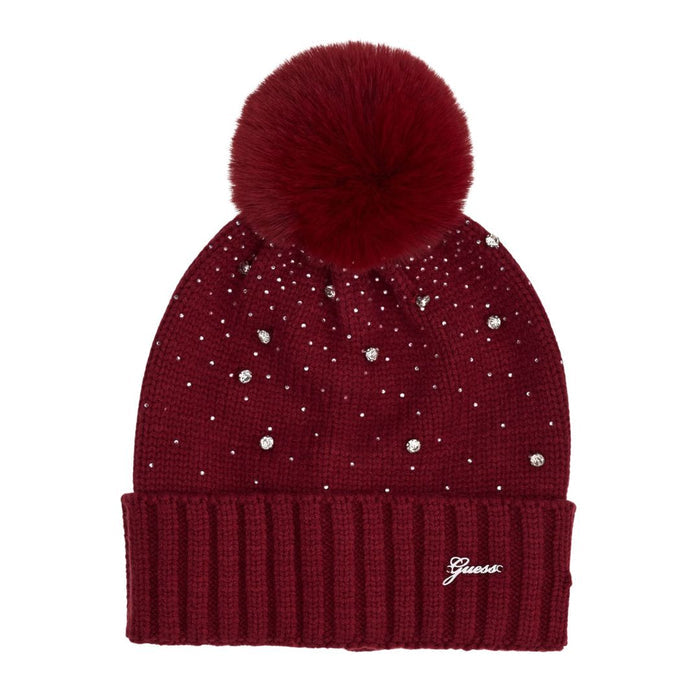 Dark Red Diamante Pom Pom Hat