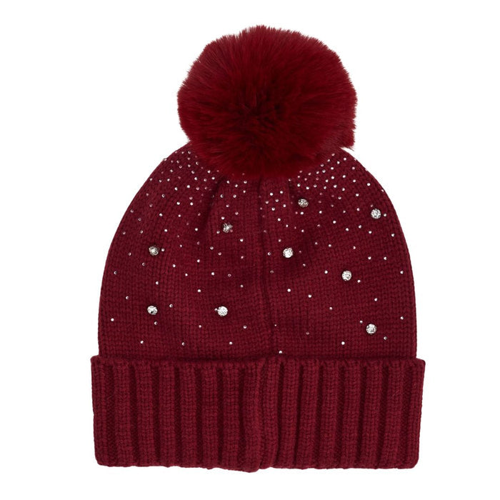Dark Red Diamante Pom Pom Hat