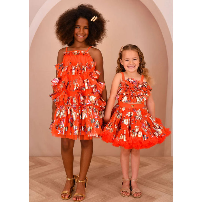 Deep Orange Foil Print Ruffle Dress