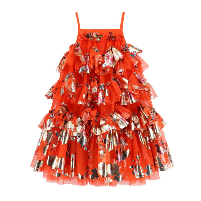 Deep Orange Foil Print Ruffle Dress