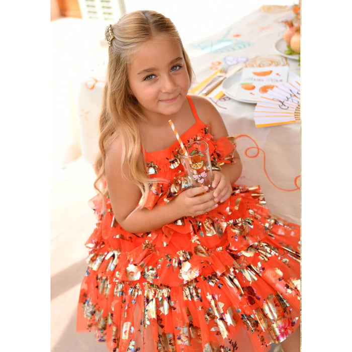 Deep Orange Foil Print Ruffle Dress