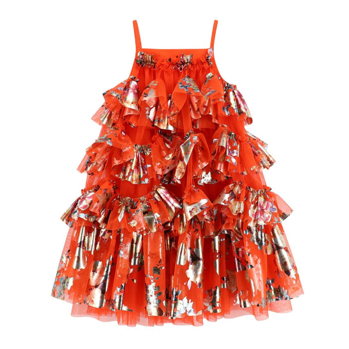 Deep Orange Foil Print Ruffle Dress