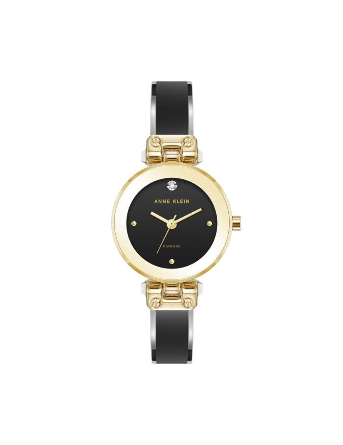 Anne Klein Gold-Tone/Black Diamond Accent Bangle Watch
