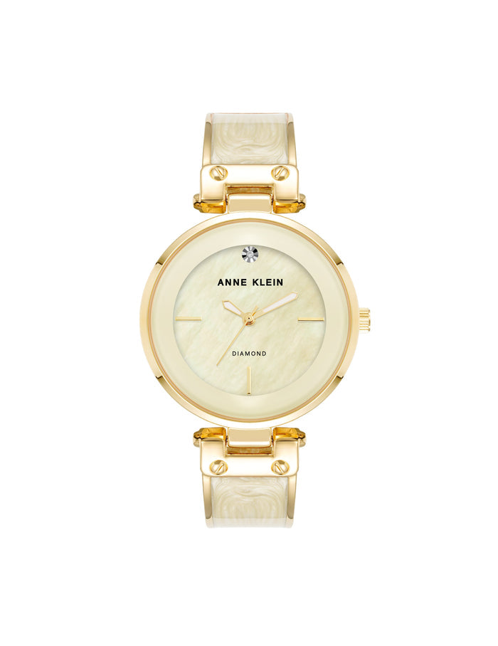 Anne Klein Ivory/Gold-Tone Diamond Accented Bangle Bracelet Watch