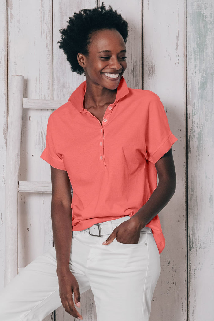 Drop Shoulder Polo Shirt - Hibiscus - Polos
