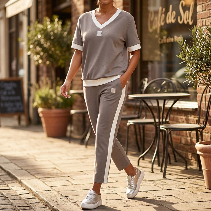 Ellara – Women's Contrast Trim V-Neck Pants Set