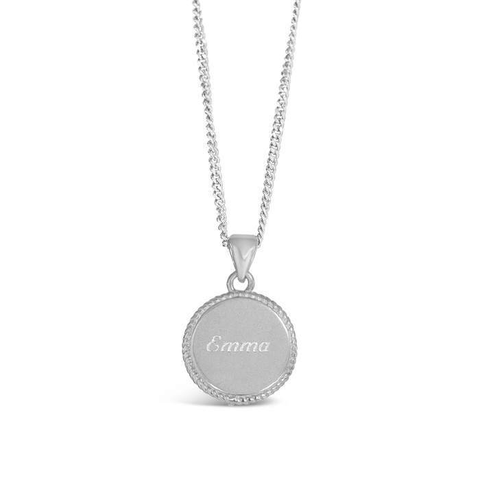 A sterling silver disc pendant necklace with the name 'Emma' engraved on it, displayed on a chain.