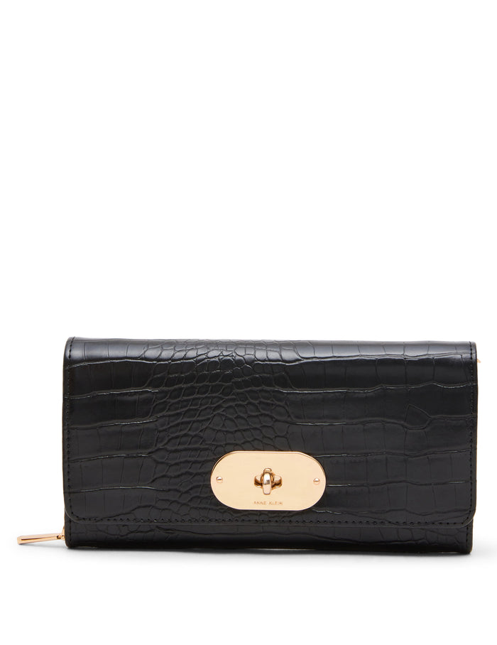 Anne Klein Faux Croc Embossed Turnlock Wallet on Chain