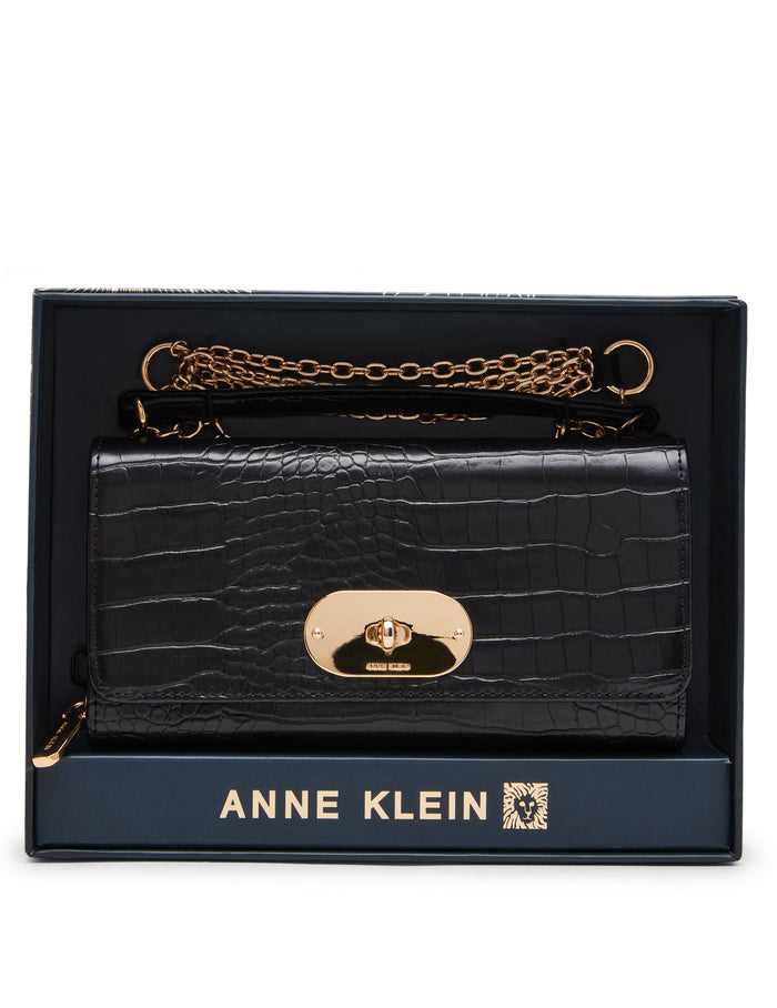 Anne Klein BLACK Faux Croc Embossed Turnlock Wallet on Chain