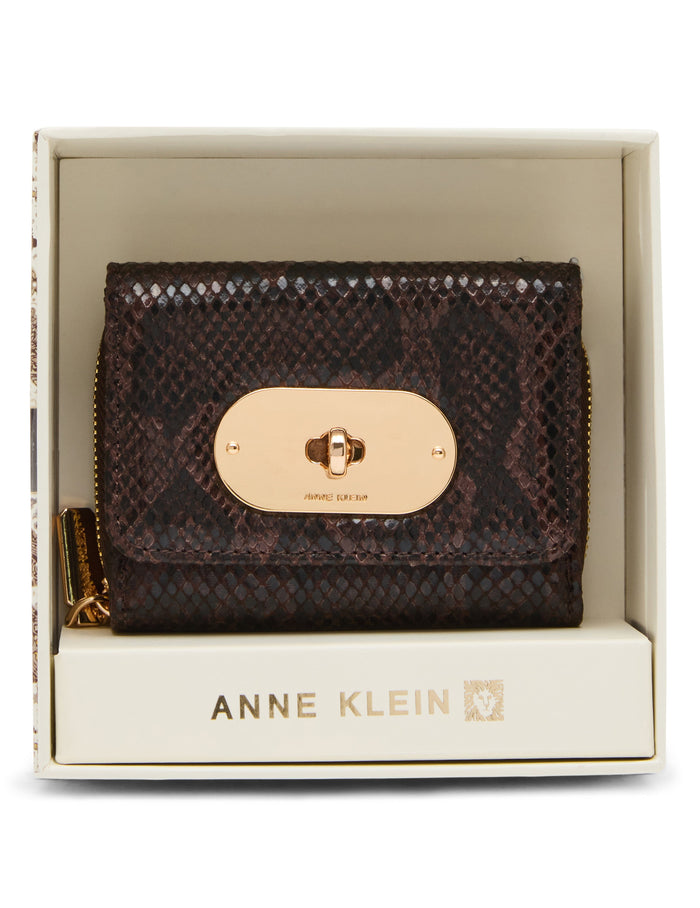 Anne Klein ESPRESSO GLAZE MULTI Faux Snake Oval Turnlock Flap Wallet