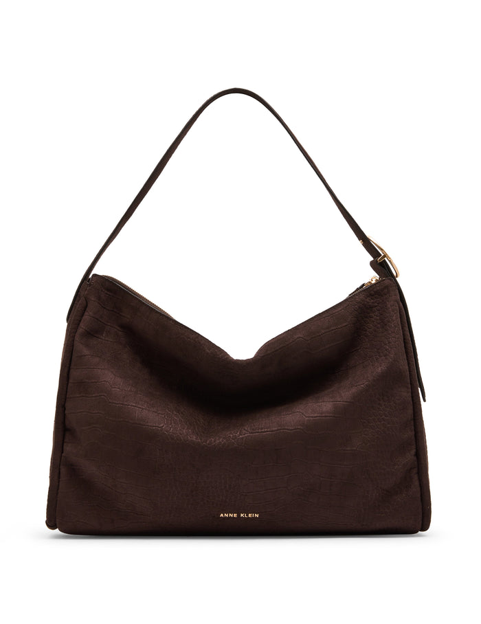 Anne Klein Espresso/Espresso Faux Suede Crocodile Embossed Slouch Bag