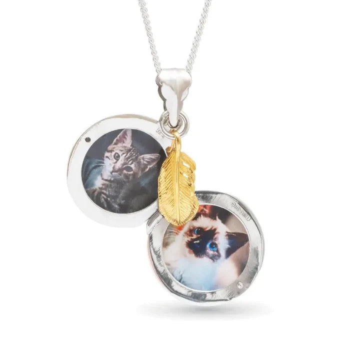 Open sterling silver round locket with gold feather charm, empty interior ready for personalised photos