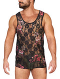 Man wearing a floral lace tank top on a white background