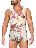 Man wearing a floral lace tank top on a white background