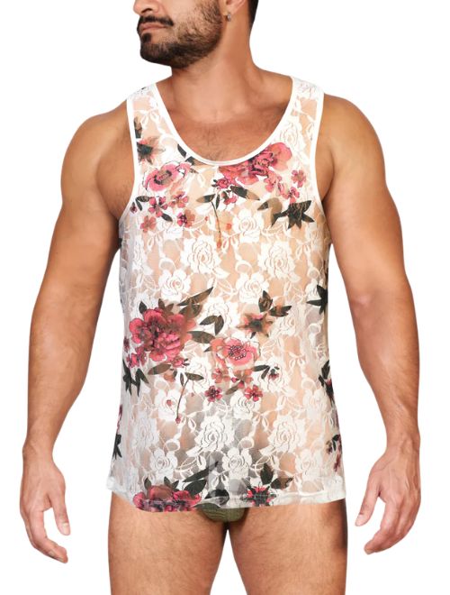 Man wearing a floral lace tank top on a white background