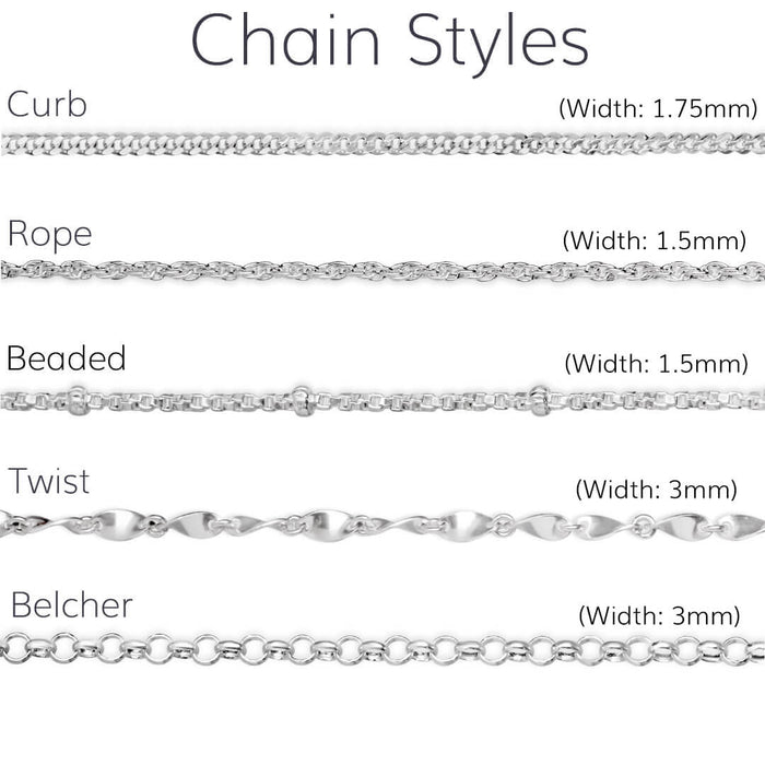 Silver chain-style guide showing curb, rope, beaded, twist and belcher chains.