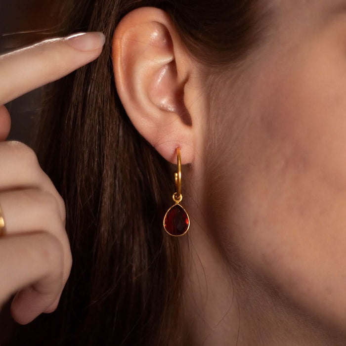 Garnet Drop Hoop Earrings  Gold | January Birthstone