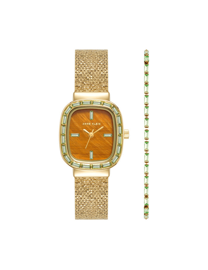 Anne Klein Gold-Tone/Green Genuine Gemstone Watch and Bracelet Set