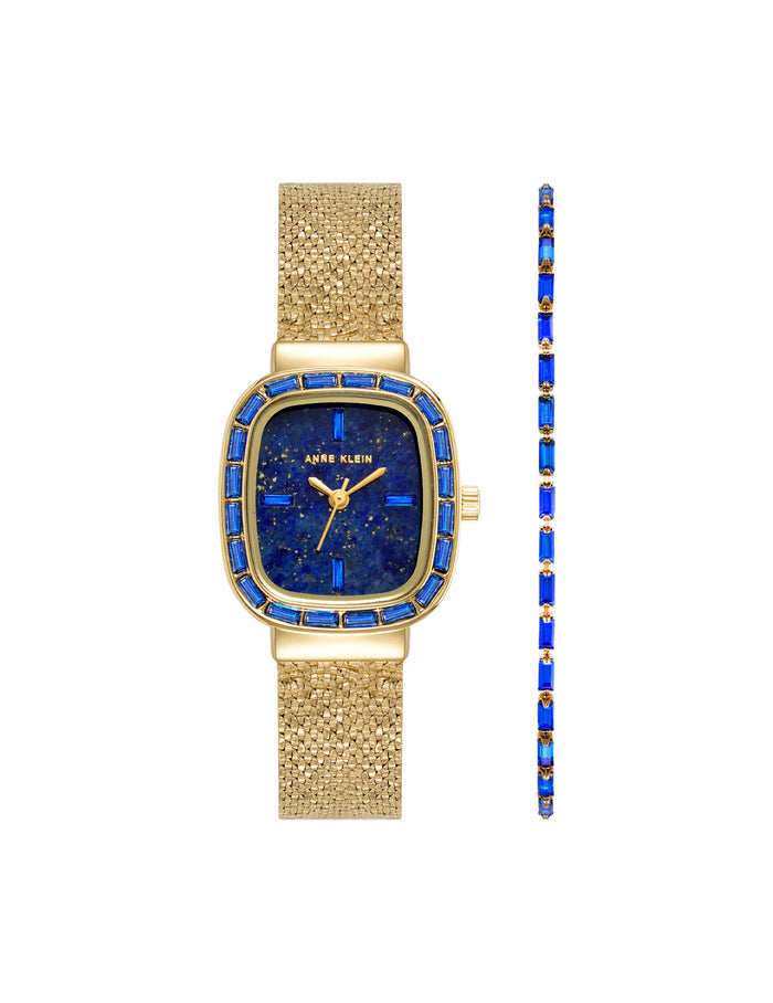 Anne Klein Gold-Tone/Blue Genuine Gemstone Watch and Bracelet Set