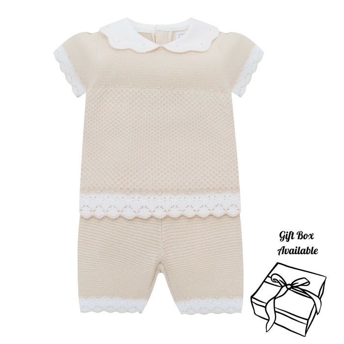 Girls Beige Knitted Shorts Set