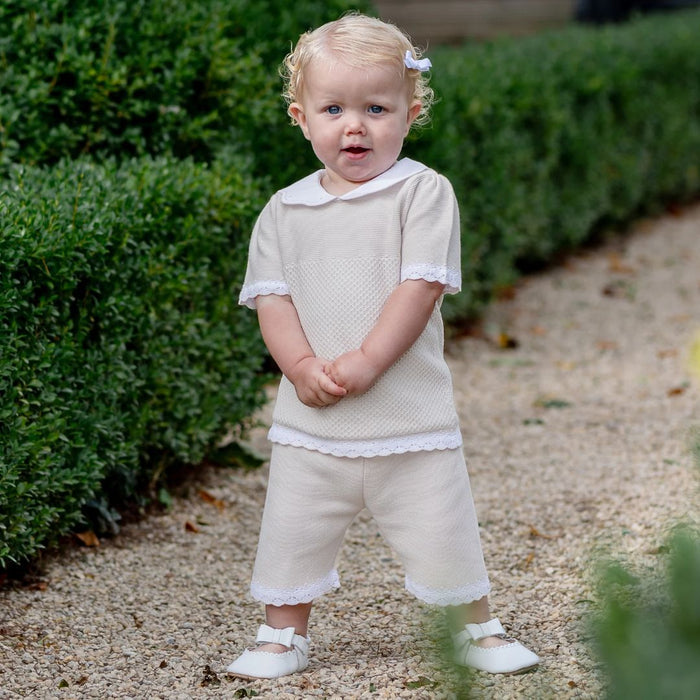 Girls Beige Knitted Shorts Set