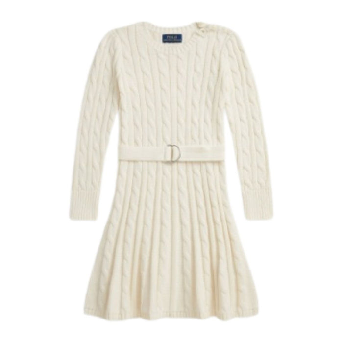 Girls Cream Cable Knit Belted Dress