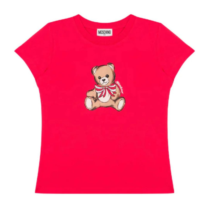 Girls Red Teddy & Sequin Bow T-Shirt
