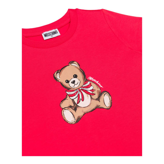 Girls Red Teddy & Sequin Bow T-Shirt