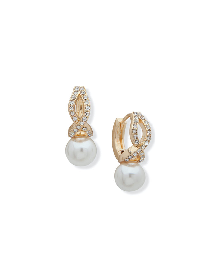 Anne Klein Gold-Tone Gold-Tone Faux Pearl and Crystal Huggie Earrings
