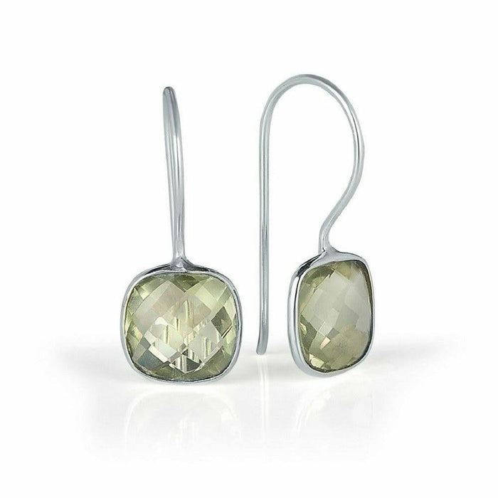 green amethyst earrings in silver on a white background