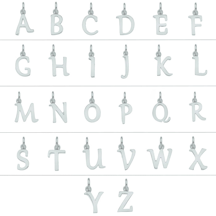white gold letter pendants arranged in a grid on a white background