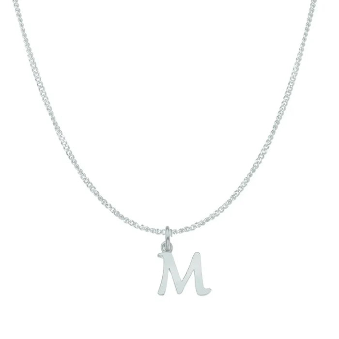 white gold necklace with a 'M' pendant on a white background