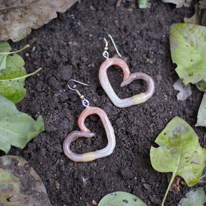 Heart-shaped earrings on a bed of soil and leaves