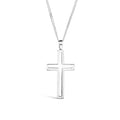A heavyweight silver cross necklace for men hanging on a curb chain against a white background