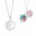 hexagon locket in white gold inside and outside view of locket
