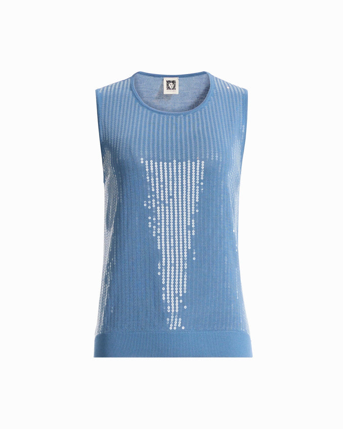 Anne Klein DUTCH BLUE High Crew Neck Sleeveless Sweater With Clear Sequins
