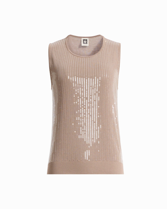 Anne Klein NATURAL CLAY High Crew Neck Sleeveless Sweater With Clear Sequins
