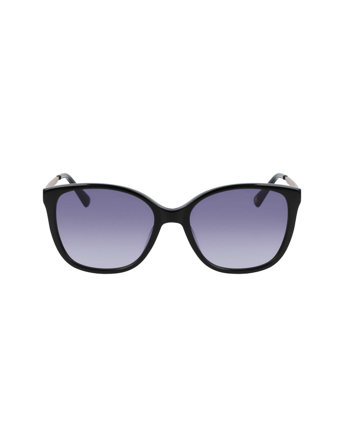 Black square sunglasses with gradient purple-gray lenses and subtle silver temple accents