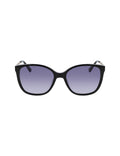 Black square sunglasses with gradient purple-gray lenses and subtle silver temple accents