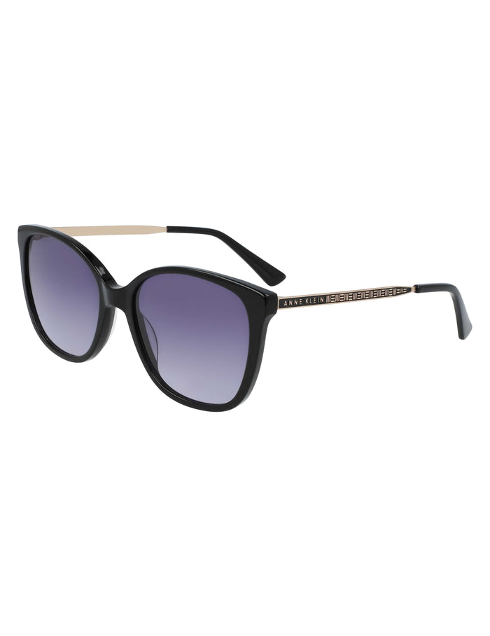 Anne Klein black square sunglasses with gradient purple lenses and gold-tone patterned metal temples