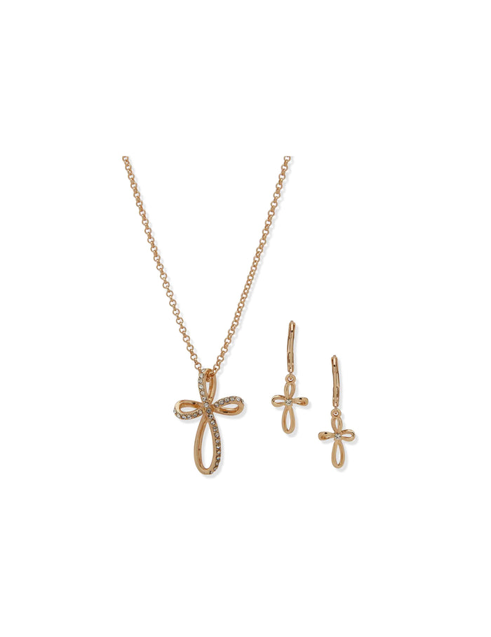 Anne Klein Gold Tone Infinity Cross Pendant Necklace & Earring Set