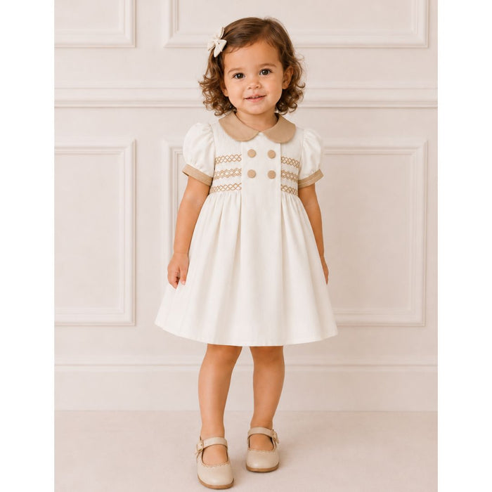 Ivory & Beige Trim Smocked Dress
