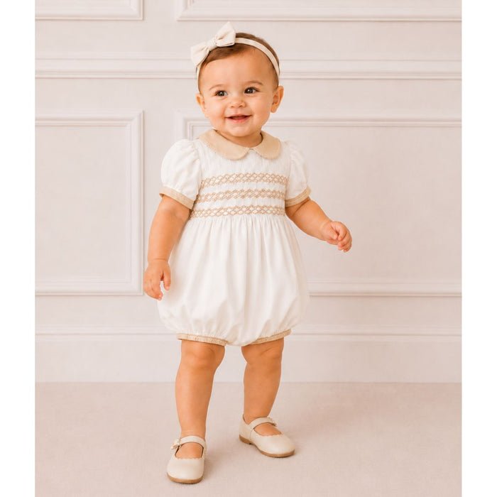 Ivory & Beige Trim Smocked Romper