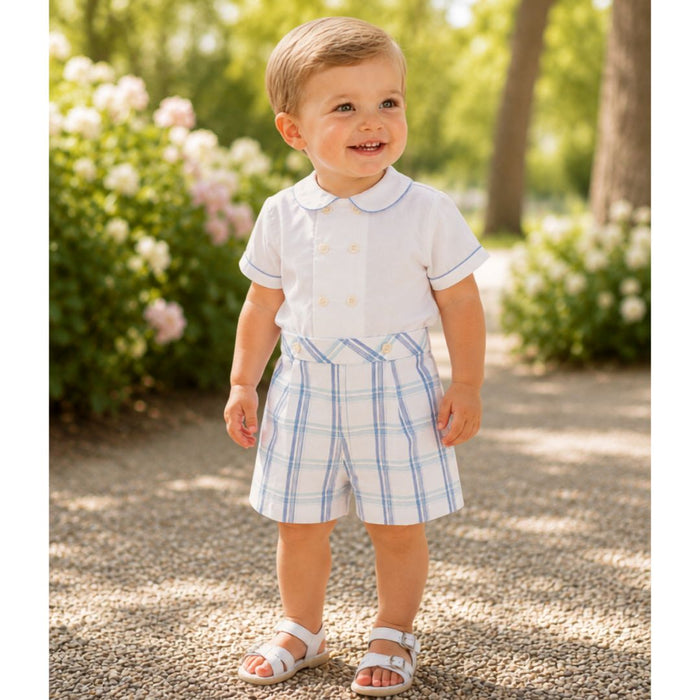 Ivory & Blue Check Shorts Set