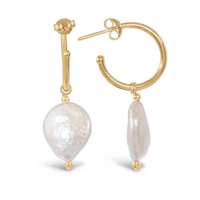 Gold hoop earrings with coin pearl drops, front view showing natural freshwater pearl shape